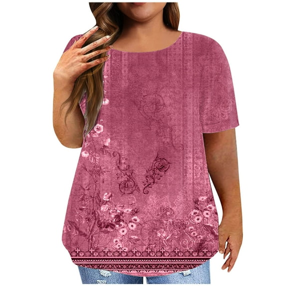 Womens Plus Size Tops for Summer Casual Floral Prints Fashion Loose Tunic Crewneck T Shirts Graphic Tee L-5XL (3X-Large, Hot Pink)