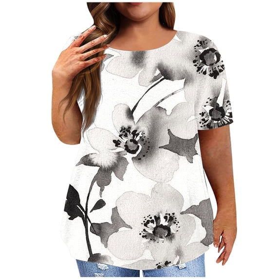 Womens Plus Size Tops for Summer Casual Floral Prints Fashion Loose Tunic Crewneck T Shirts Graphic Tee L-5XL (3X-Large, White)