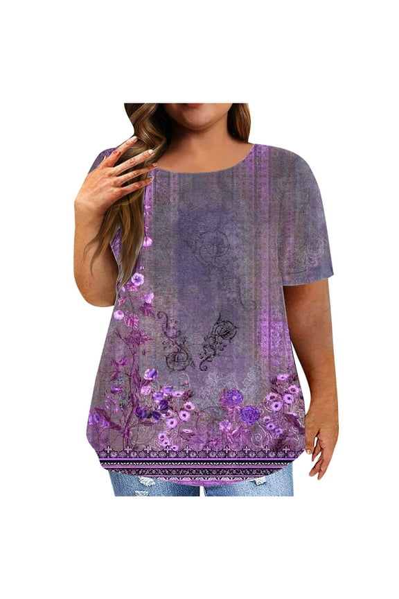 Womens Plus Size Tops for Summer Casual Floral Prints Fashion Loose Tunic Crewneck T Shirts Graphic Tee L-5XL (5X-Large, Purple)