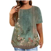NEBZCIV Womens Plus Size Tops for Summer Casual Floral Prints Fashion Loose Tunic Crewneck T Shirts Graphic Tee L-5XL (Large, Green 01)