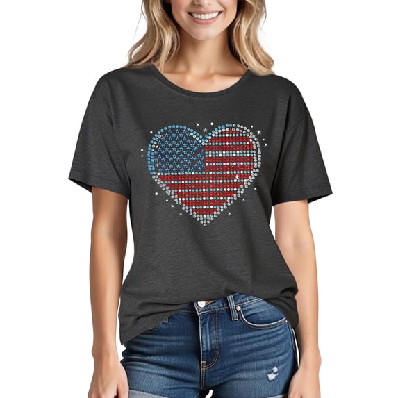 Womens Plus Size Tops American Flag Graphic Tees Summer Crew Neck Short Sleeve T-Shirt Women 4th of July Tops New Black M