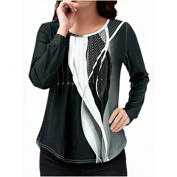Womens Plus Size Tops with Pleats Graphic Tees Printed Crew Neck Long Sleeve T-Shirts Loose Casual Fall Tshirts (M, Black)