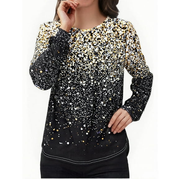 Womens Plus Size Tops with Pleats Graphic Tees Printed Crew Neck Long Sleeve T-Shirts Loose Casual Fall Tshirts (M, Gold)