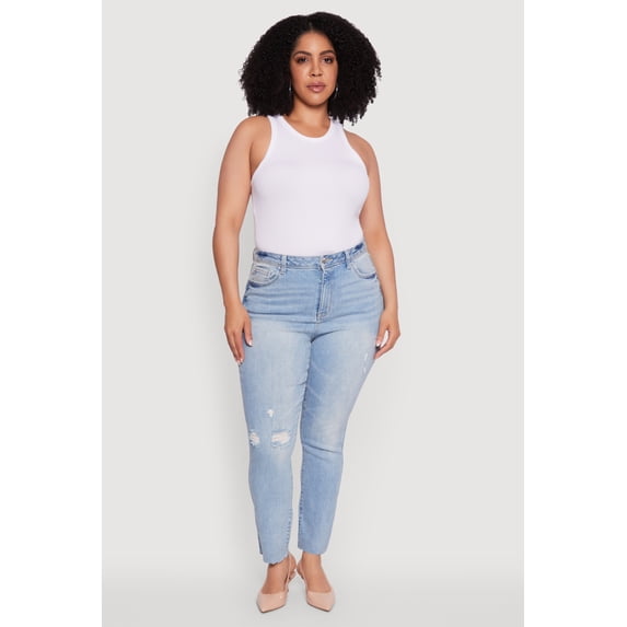 Women's Plus Size Trendy High Waisted Distressed Whiskered Jeans