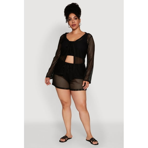 Womens Plus Size Trendy High Waisted Laser Cut Sheer Shorts