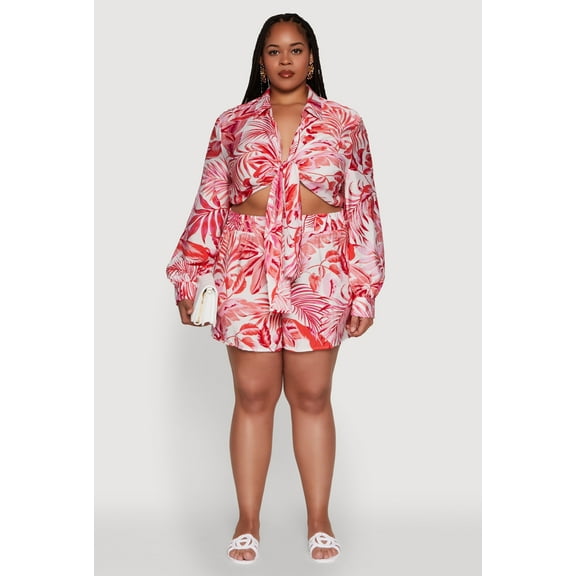 Womens Plus Size Trendy High Waisted Leaf Print Shorts