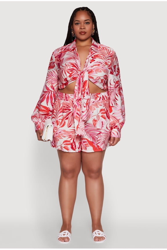 Womens Plus Size Trendy High Waisted Leaf Print Shorts