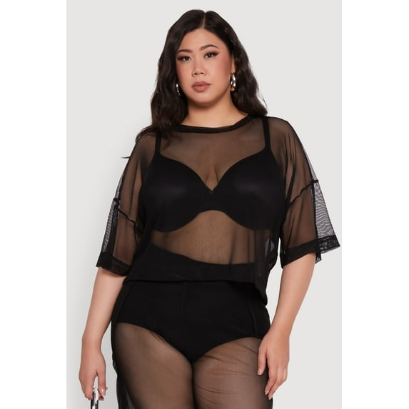 Womens Plus Size Trendy Mesh Crew Neck Short Sleeve Top