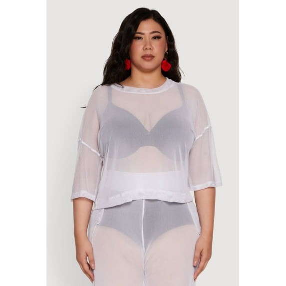 Womens Plus Size Trendy Mesh Crew Neck Short Sleeve Top