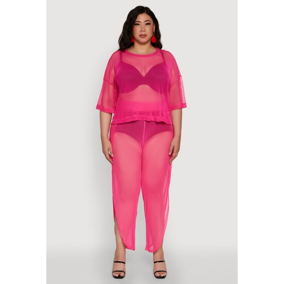 Womens Plus Size Trendy Mesh Crew Neck Short Sleeve Top