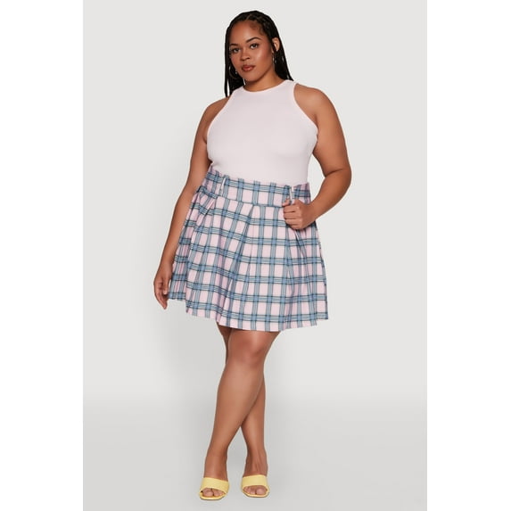Womens Plus Size Trendy Plaid High Waist Pleated Skirt