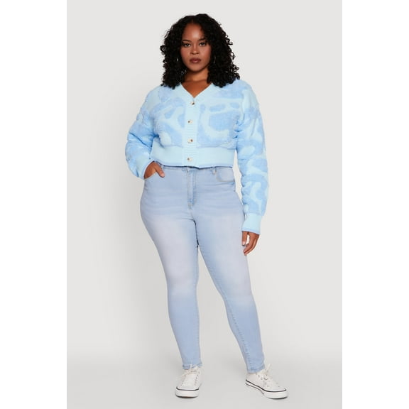 Womens Plus Size Tufted Knit Button Front Cropped Cardigan