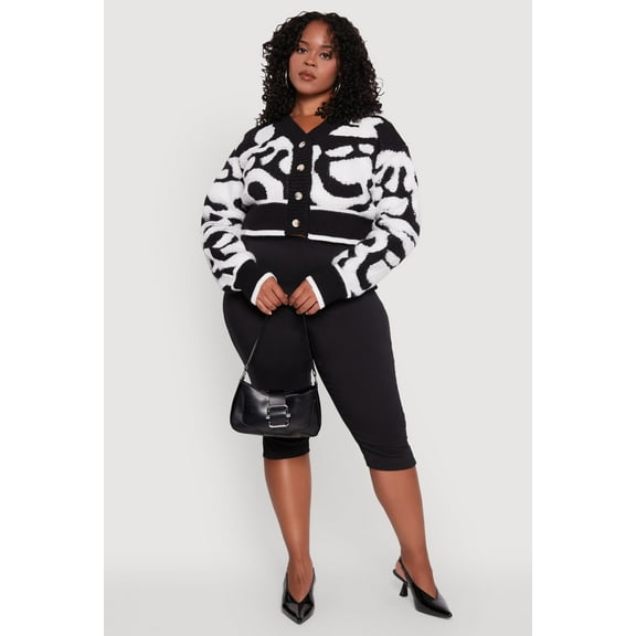 Womens Plus Size Tufted Knit Button Front Cropped Cardigan