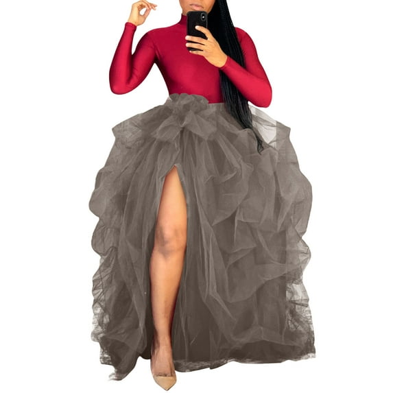 Womens Plus Size Tulle Skirts Solid Color Ruffle Side Split Hem Maxi Skirt Trendy Mesh High Waist Wedding Puffy Sunskirts