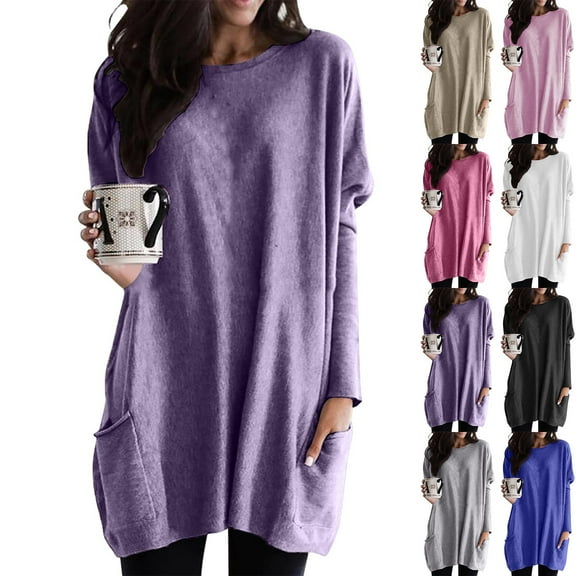Womens Plus Size Tunic Top Round Neck Long Sleeve Lightweight Sweatshirt With Pockets