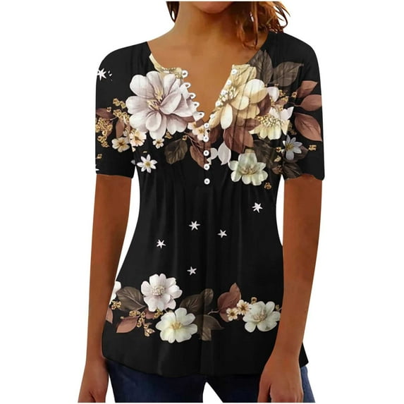 Womens Plus Size Tunic Top Summer Short Sleeve T-Shirt V-neck Button Up Vintage Floral Blouse Casual Pleated Pullover