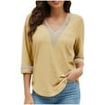 thumbnail image 1 of Womens Plus Size Tunic Tops, 3/4 Sleeve Shirts for Women Summer Fall Casual Vintage Solid Color Lace V Neck T-Shirts, 1 of 8