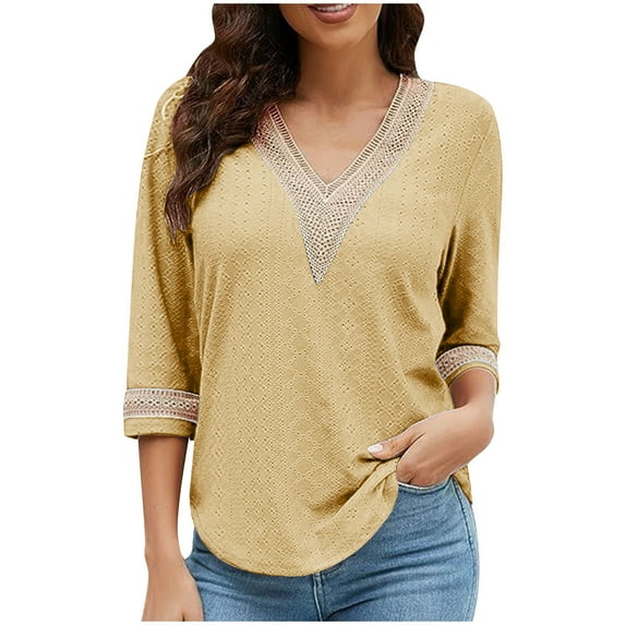 Womens Plus Size Tunic Tops, 3/4 Sleeve Shirts for Women Summer Fall Casual Vintage Solid Color Lace V Neck T-Shirts