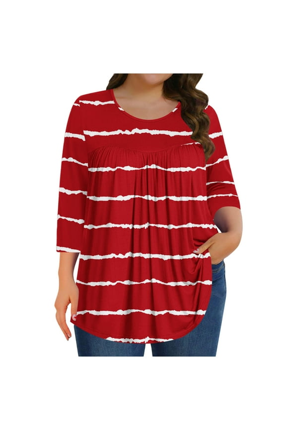 Womens Plus Size Tunic Tops, 3/4 Sleeve Shirts for Women Summer Fall Fashion Striped Printed Ruched Crewneck Dressy Blouses