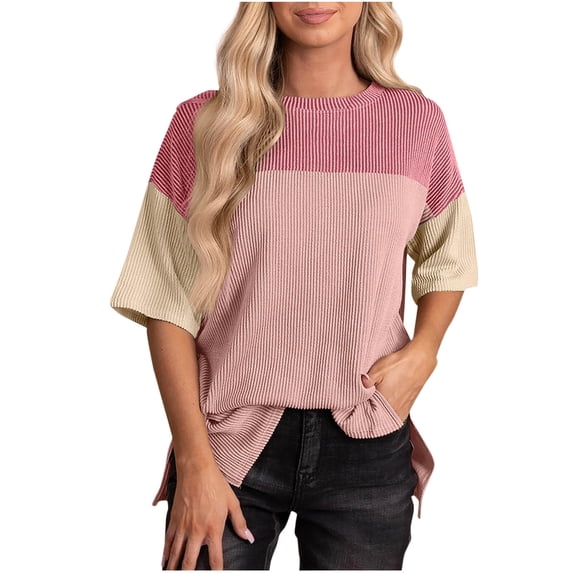 Womens Plus Size Tunic Tops Crewneck Short Sleeve Color Block Pullover Shirts (1X-5X),
