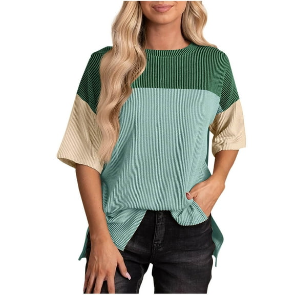 Womens Plus Size Tunic Tops Crewneck Short Sleeve Color Block Pullover Shirts (1X-5X),