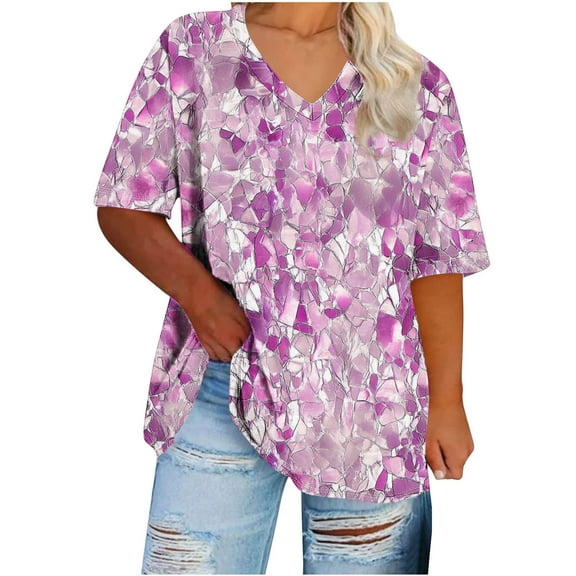 Womens Plus Size Tunic Tops Floral Short Sleeve V Neck Shirts Loose Comfy Summer Blouses Classic Fit Oversized Tshirts Dressy Casual Ethnic Tees Ladies Spring Vintage Clothes Vacation Outfits