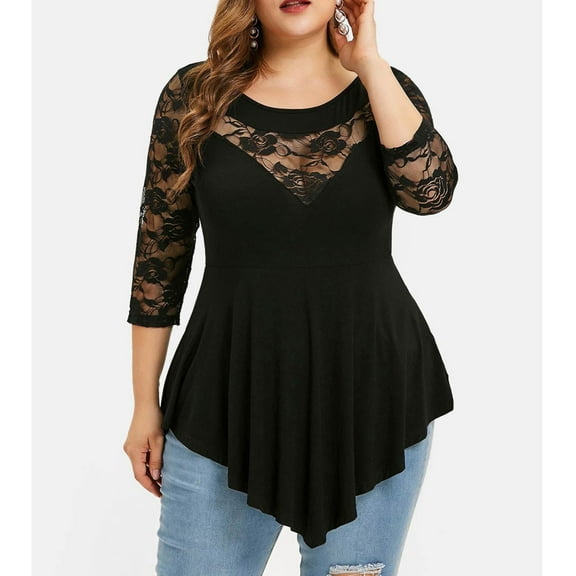 Womens Plus Size Tunic Tops Lace Splice Hollow Out Round Neck 3/4 Sleeve Oversized T Shirts XL-5X Trendy Irregular Hem Solid Blouses