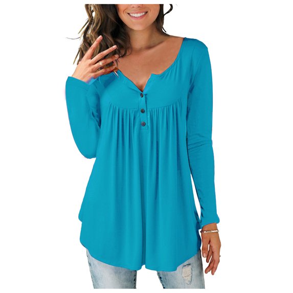 Womens Plus Size Tunic Tops Long Sleeve Casual Solid Color Henley T Shirts Button Up V Neck Loose Shirts for Women