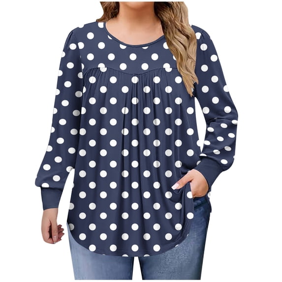 Womens Plus Size Tunic Tops, Long Sleeve Shirts for Women Fall Fashion Polka Dots Printed Ribbed Crewneck Oversized T Shirts Dressy Blouses L-5XL