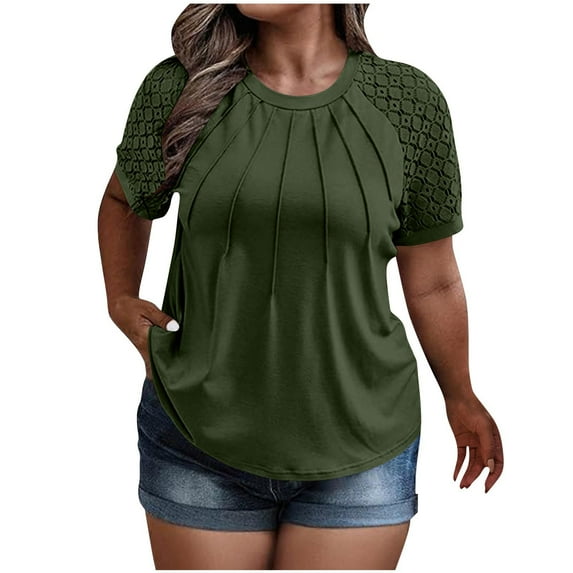 Womens Plus Size Tunic Tops, Oversized T Shirts for Women Summer Casual Solid Color Pleated Flowy Crewneck Lace Patchwork Short Sleeve Dressy Blouses