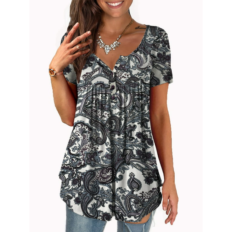 Womens Plus Size Tunic Tops Short Sleeve Casual Floral Henley Shirts m-4x 