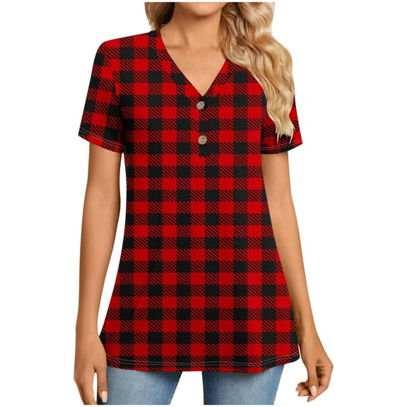 Womens Plus Size Tunic Tops, Short Sleeve Shirts for Women Summer Fashion Plaid Printed V Neck Dressy Blouses