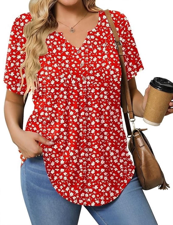 Womens Plus Size Tunic Tops Summer Short Sleeve V Neck Floral Blouse ...