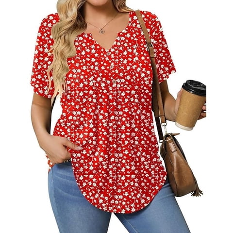 Womens Plus Size Tunic Tops Summer Short Sleeve V Neck Floral Blouse Casual Loose Fit Pleated Button Down Dressy T Shirts for Work, Travel & Everyday Wear