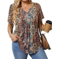 thumbnail image 1 of Womens Plus Size Tunic Tops Summer Short Sleeve V Neck Floral Blouse Casual Loose Fit Pleated Button Down Dressy T Shirts for Work, Travel & Everyday Wear, 1 of 6