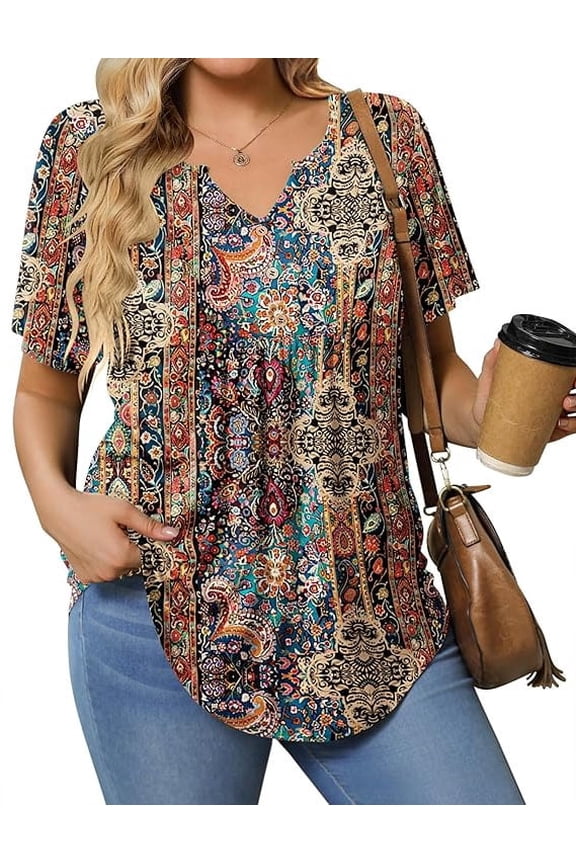Womens Plus Size Tunic Tops Summer Short Sleeve V Neck Floral Blouse Casual Loose Fit Pleated Button Down Dressy T Shirts for Work, Travel & Everyday Wear