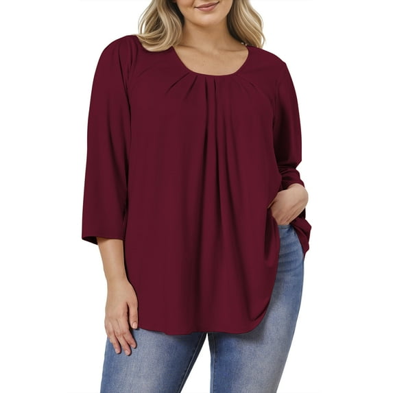 Womens Plus Size Tunics Loose Fit 3/4 Sleeve Tops Pleated Solid Casual Red Blouses