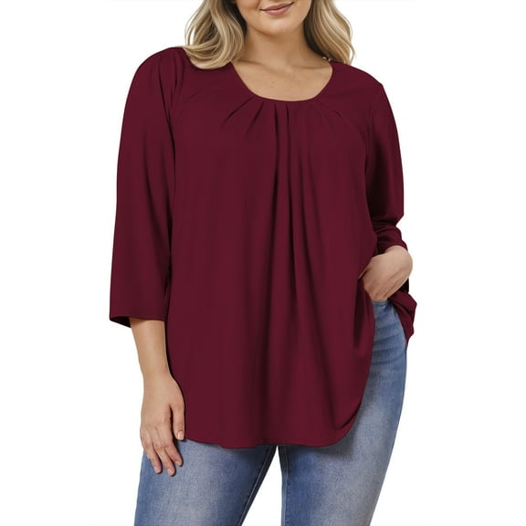 Womens Plus Size Tunics Loose Fit 3/4 Sleeve Tops Pleated Solid Casual Red Blouses
