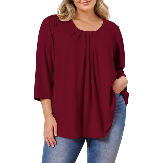 Womens Plus Size Tunics Loose Fit 3/4 Sleeve Tops Pleated Solid Casual Red Blouses