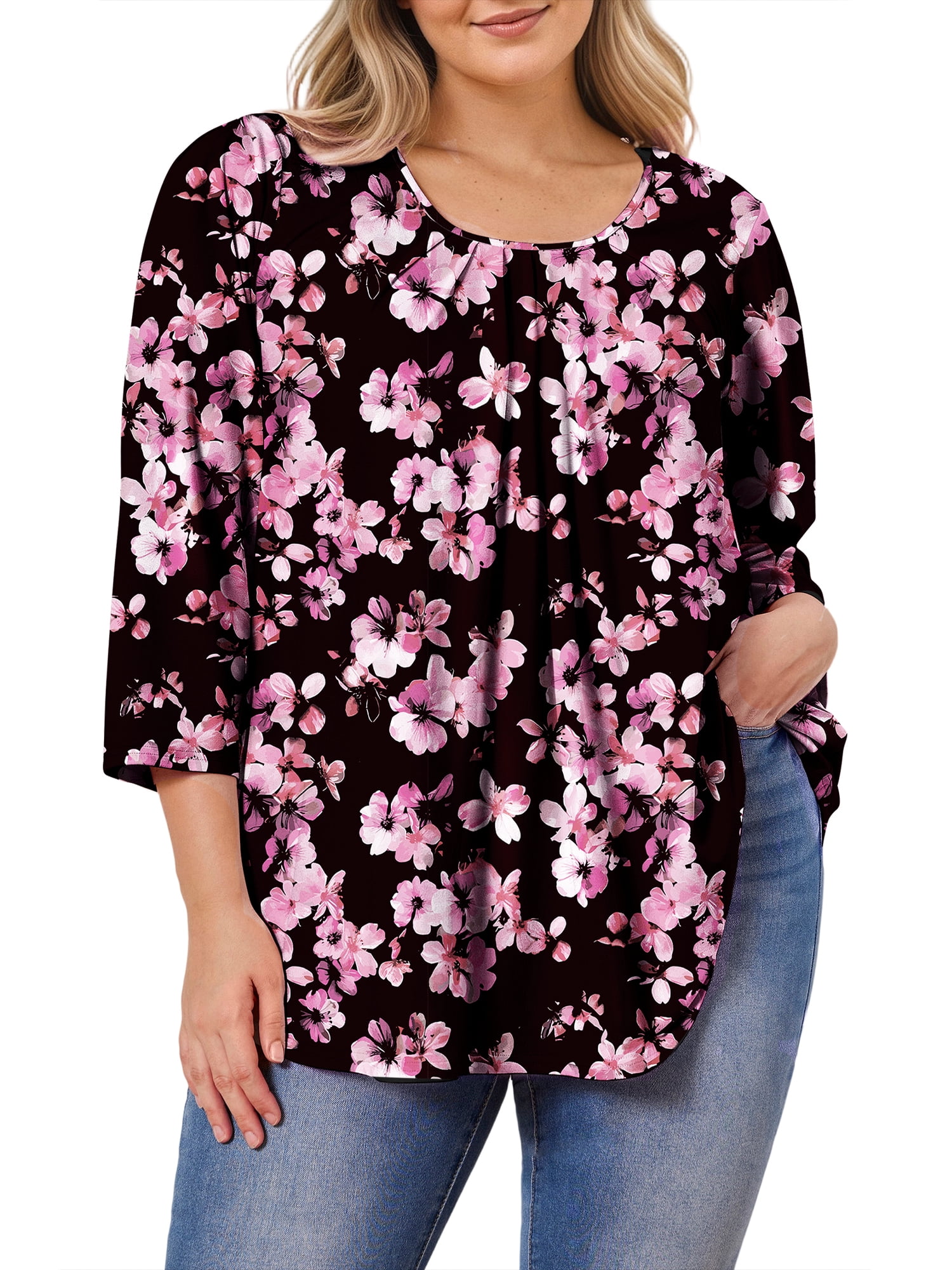 Womens Plus Size Tunics Tops 3/4 Sleeve Shirts Floral Blouses Loose Fit ...