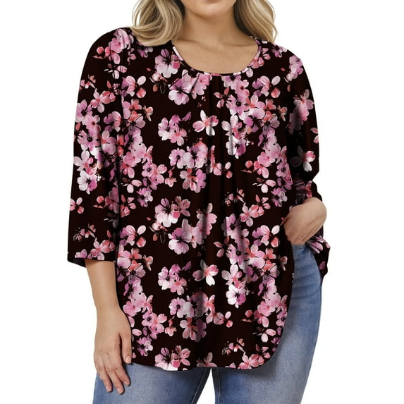 Womens Plus Size Tunics Tops 3/4 Sleeve Shirts Floral Blouses Loose Fit Pleated Tops