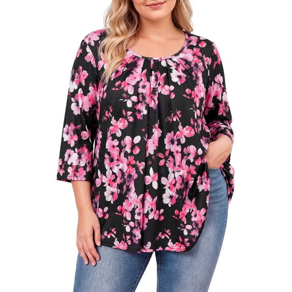 Womens Plus Size Tunics Tops 3/4 Sleeve Shirts Floral Blouses Loose Fit Pleated Tops