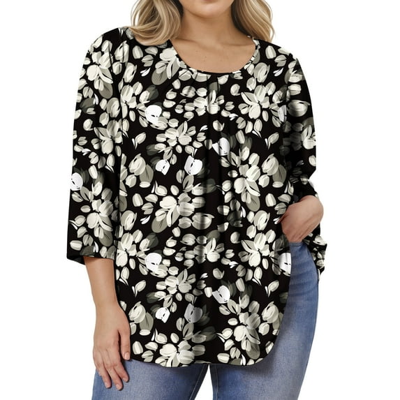 Womens Plus Size Tunics Tops 3/4 Sleeve Shirts Pleated Floral Blouses XL-5XL