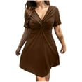 thumbnail image 1 of Womens Plus Size Twist Front Dresses Short Sleeve Tunic Ribbed Dress Curvy Women Aline Flare Summer Casual Dress Brown, XL, 1 of 6