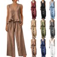 thumbnail image 1 of Womens Plus Size Two Piece Sets Summer Spring Outfit Sets 100%Cotton Ruffled Tank Top and Flowy Palazzo Trousers, 1 of 9