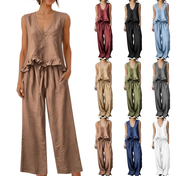 Womens Plus Size Two Piece Sets Summer Spring Outfit Sets 100%Cotton Ruffled Tank Top and Flowy Palazzo Trousers