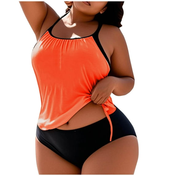 Womens Plus Size Two Piece Swimsuit Square Neck Spaghetti Strap Drawstring Tankini Swimwear Set Summer Beach Hawaiian Bathing Suits with Built in Bra