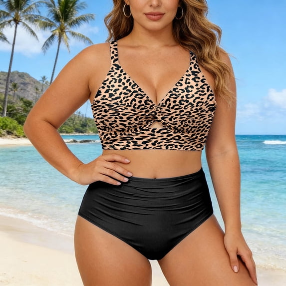 Womens Plus Size Two Piece Swimsuits - Women High Waisted Tankini Swimsuits Tummy Control Bathing Suits Knot Twist Swimwear 2026(Coffee,L)
