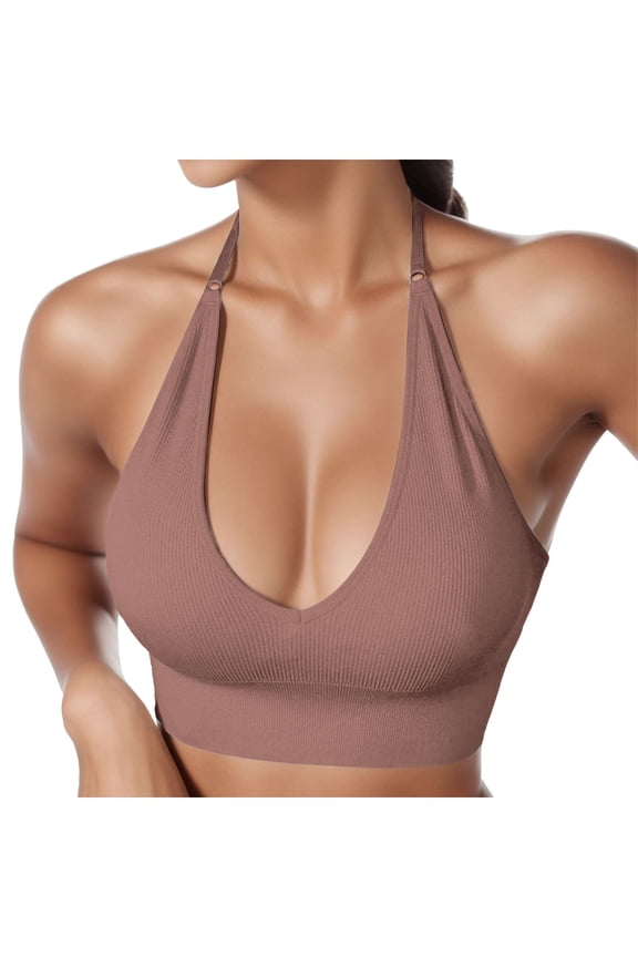 Womens Plus Size Underwear Solid Adjustable Halter Mesh Back Seamless Wireless Bra Brown M