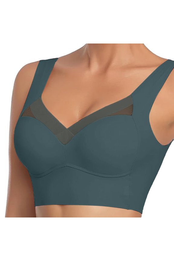 Womens Plus Size Underwear Solid Lace Tank Wireless Shaper Thin Side Support Push Up Bra Blue XXXL